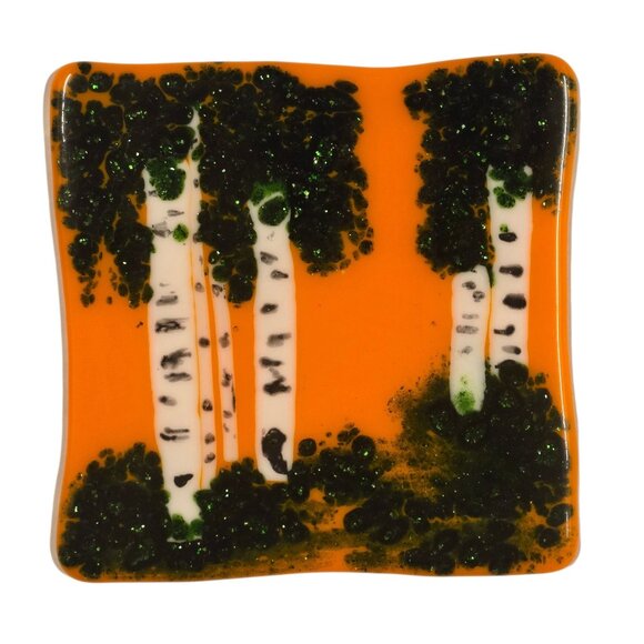 Birch Tree Fused Glass Art Orange Glitter Green Wood Nature Artsy OOAK Vintage - Picture 12 of 16